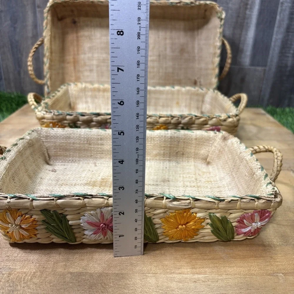 Vintage 60s 70s Raffia Floral Nesting Baskets Set 3 Boho Decor AS IS